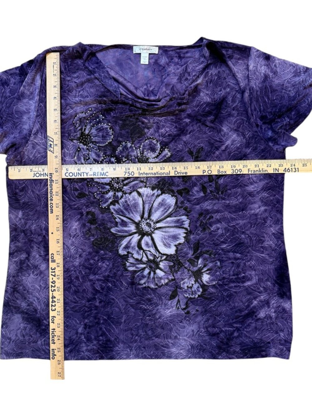 Dressbarn Size 3X Purple Drape-Front Floral Bling Embellished Stretch Blouse - Picture 9 of 9